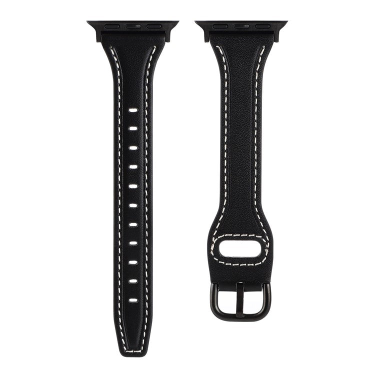For Apple Watch Series 10 46mm / Ultra 2 Ultra 49mm / 9 8 7 45mm / SE (2023) SE (2022) SE 6 5 4 44mm / 3 2 1 42mm T-Shaped Genuine Leather Watch Band Adjustable Wrist Strap - Black / Black Buckle