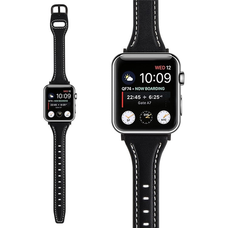 For Apple Watch Series 10 46mm / Ultra 2 Ultra 49mm / 9 8 7 45mm / SE (2023) SE (2022) SE 6 5 4 44mm / 3 2 1 42mm T-Shaped Genuine Leather Watch Band Adjustable Wrist Strap - Black / Black Buckle