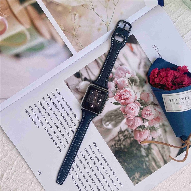 For Apple Watch Series 10 46mm / Ultra 2 Ultra 49mm / 9 8 7 45mm / SE (2023) SE (2022) SE 6 5 4 44mm / 3 2 1 42mm T-Shaped Genuine Leather Watch Band Adjustable Wrist Strap - Black / Black Buckle