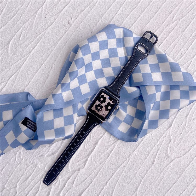 For Apple Watch Series 10 46mm / Ultra 2 Ultra 49mm / 9 8 7 45mm / SE (2023) SE (2022) SE 6 5 4 44mm / 3 2 1 42mm T-Shaped Genuine Leather Watch Band Adjustable Wrist Strap - Black / Black Buckle