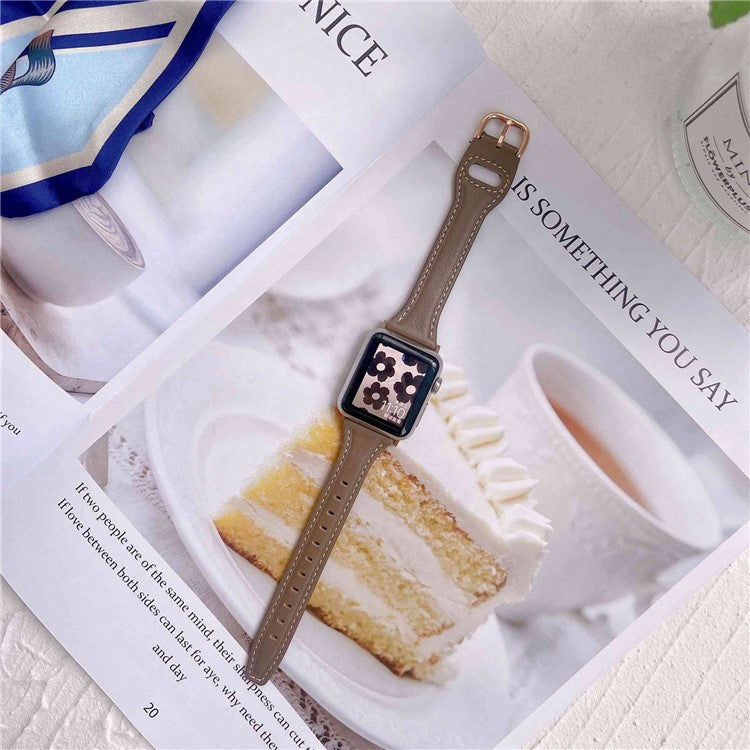 For Apple Watch Series 10 46mm / Ultra 2 Ultra 49mm / 9 8 7 45mm / SE (2023) SE (2022) SE 6 5 4 44mm / 3 2 1 42mm T-Shaped Genuine Leather Watch Band Adjustable Wrist Strap - Black / Black Buckle