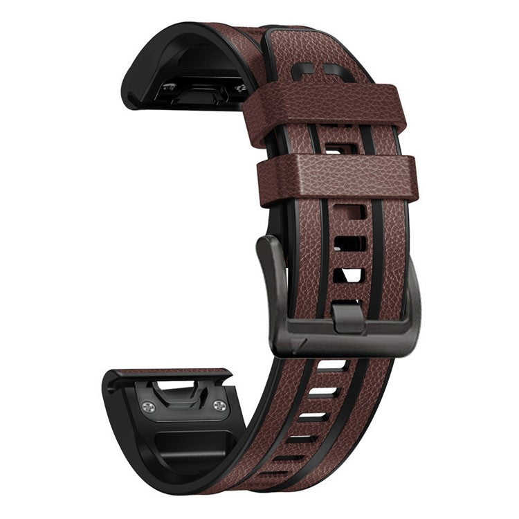 For Garmin Tactix 7 Pro / Fenix 7X / Fenix 6X Pro Quick Release Leather Coated Silicone Smart Watch Band Wrist Strap 26mm - Dark Brown