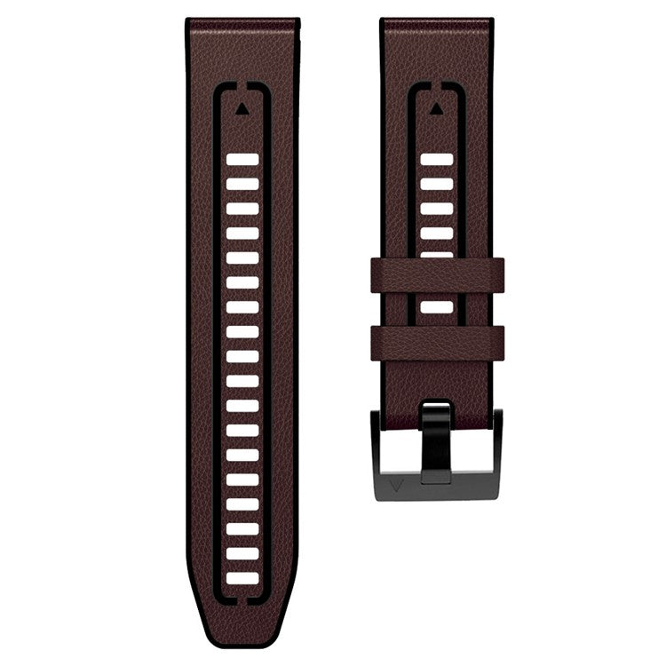 For Garmin Tactix 7 Pro / Fenix 7X / Fenix 6X Pro Quick Release Leather Coated Silicone Smart Watch Band Wrist Strap 26mm - Dark Brown