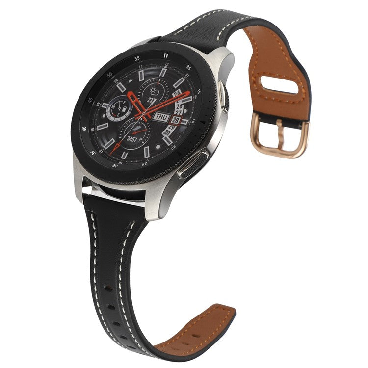 For Samsung Galaxy Watch 3 45mm / Huawei Watch GT3 Pro 46mm Genuine Leather Watch Strap 22mm T-shaped Replacement Band - Black / Rose Gold Buckle