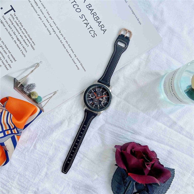 For Samsung Galaxy Watch 3 45mm / Huawei Watch GT3 Pro 46mm Genuine Leather Watch Strap 22mm T-shaped Replacement Band - Black / Rose Gold Buckle