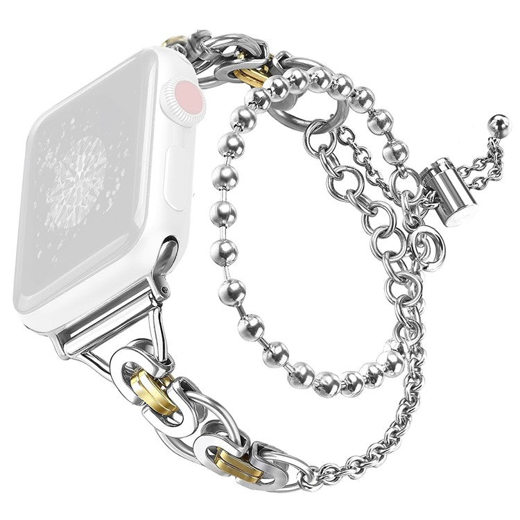 For Apple Watch Series 10 42mm / 9 8 7 41mm / 6 5 4 SE SE (2022) SE (2023) 40mm / 3 2 1 38mm Zinc Alloy Wrist Strap Two Rows Bracelet Beads Smart Watch Band - Silver+Gold