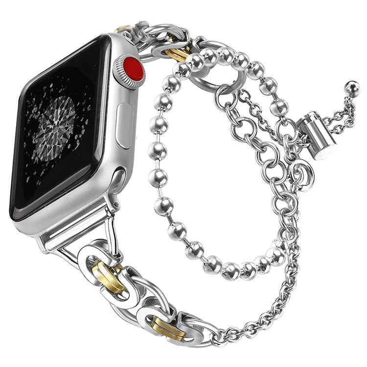 For Apple Watch Series 10 42mm / 9 8 7 41mm / 6 5 4 SE SE (2022) SE (2023) 40mm / 3 2 1 38mm Zinc Alloy Wrist Strap Two Rows Bracelet Beads Smart Watch Band - Silver+Gold
