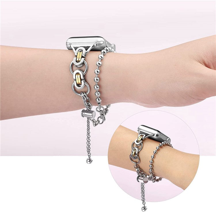 For Apple Watch Series 10 42mm / 9 8 7 41mm / 6 5 4 SE SE (2022) SE (2023) 40mm / 3 2 1 38mm Zinc Alloy Wrist Strap Two Rows Bracelet Beads Smart Watch Band - Silver+Gold