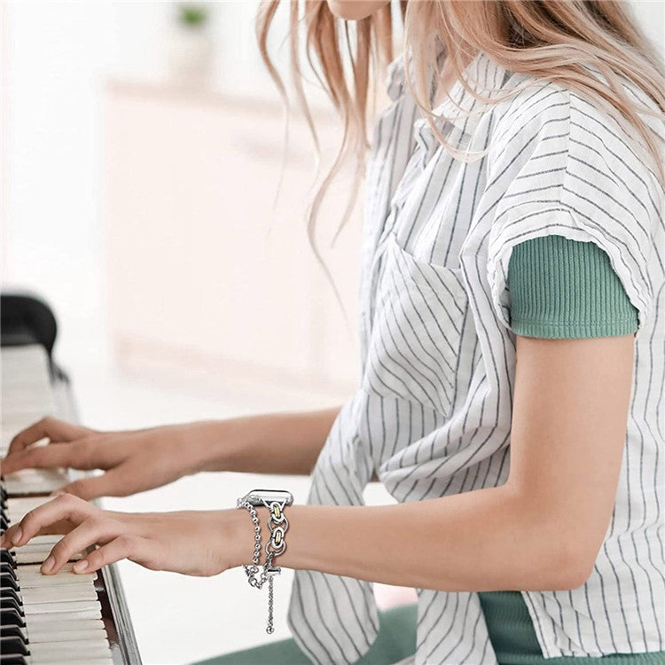 For Apple Watch Series 10 42mm / 9 8 7 41mm / 6 5 4 SE SE (2022) SE (2023) 40mm / 3 2 1 38mm Zinc Alloy Wrist Strap Two Rows Bracelet Beads Smart Watch Band - Silver+Gold