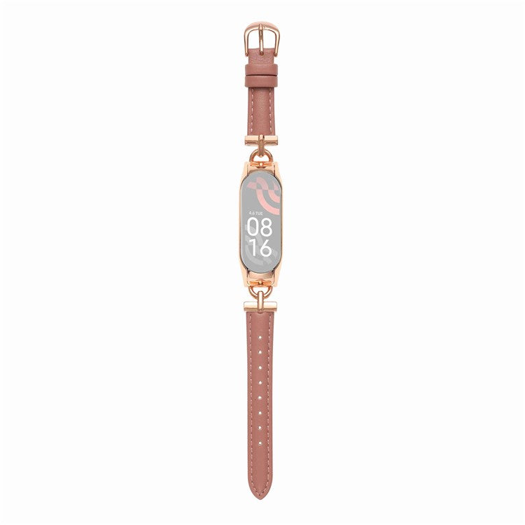 For Xiaomi Mi Band 5 / 6 Genuine Leather Watch Band Replacement Wrist Strap with D-shape Metal Connector - Rose Gold / Deep Pink