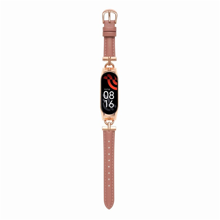 For Xiaomi Mi Band 5 / 6 Genuine Leather Watch Band Replacement Wrist Strap with D-shape Metal Connector - Rose Gold / Deep Pink