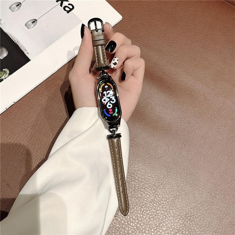 For Xiaomi Mi Band 5 / 6 Genuine Leather Watch Band Replacement Wrist Strap with D-shape Metal Connector - Rose Gold / Deep Pink