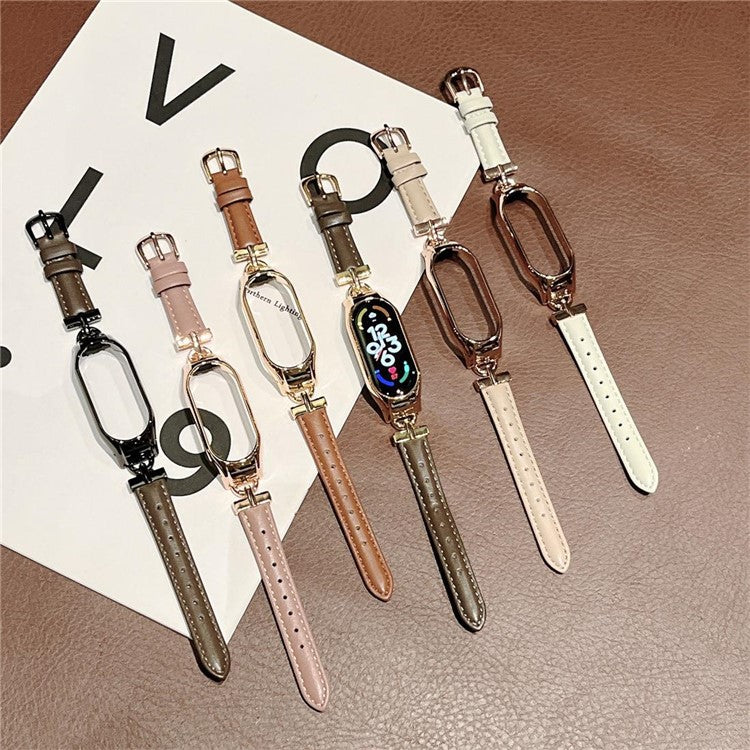 For Xiaomi Mi Band 5 / 6 Genuine Leather Watch Band Replacement Wrist Strap with D-shape Metal Connector - Rose Gold / Deep Pink