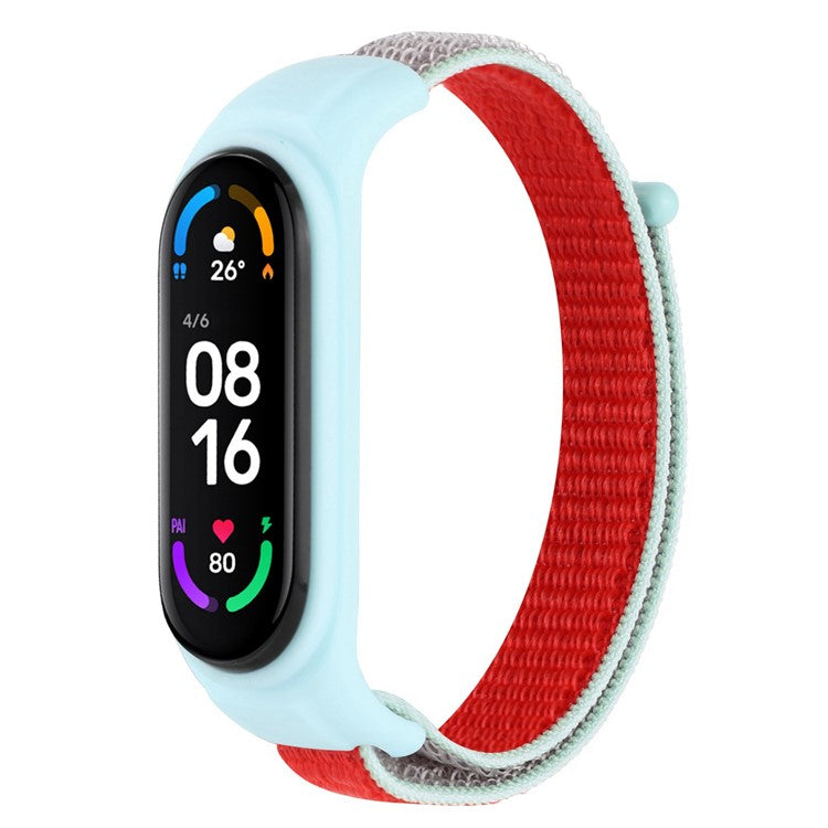 For Xiaomi Mi Band 3 / Band 4 / Band 5 / Band 6 / Band 7 Nylon Sport Band Adjustable Anti-lost Bracelet with Silicone Watch Case - Red / Grey
