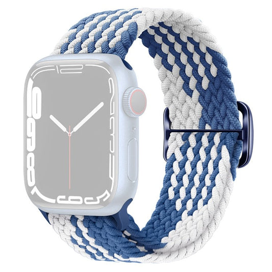 For Apple Watch Series 10 42mm / 9 8 7 41mm / 6 5 4 SE SE (2022) SE (2023) 40mm / 3 2 1 38mm Braided Stretchy Band Adjustable Elastic Soft Wristband Replacement - Z-Shape Blue / White