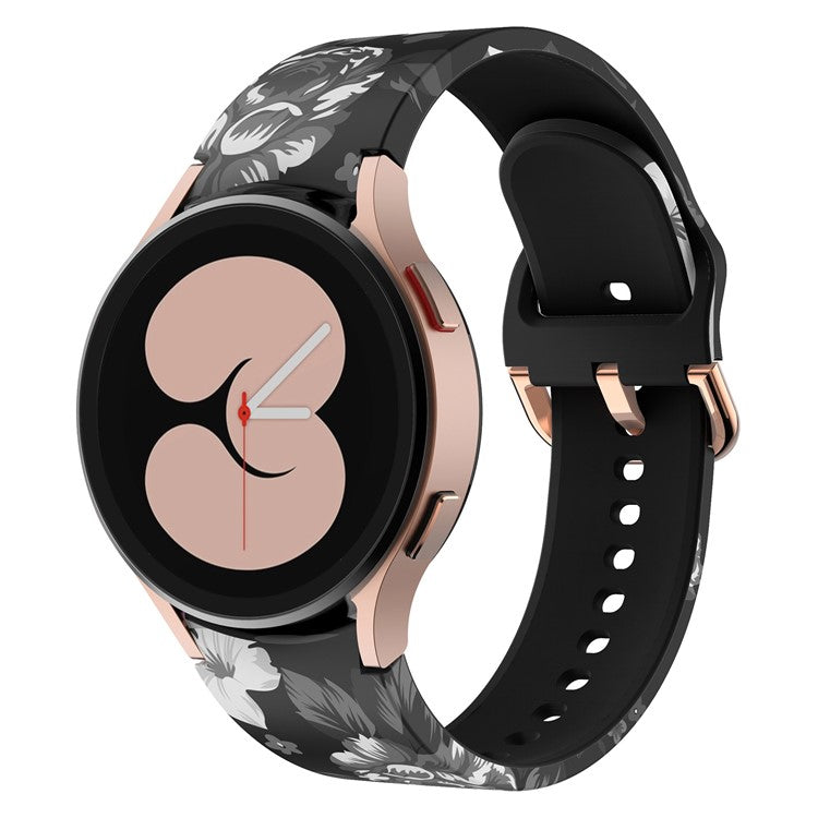 For Samsung Galaxy Watch 5 40mm / 44mm / 5 Pro 45mm Pattern Printed Silicone Watch Strap 20mm Quick Release Watch Band with Buckle - Black Bottom Grey Flower