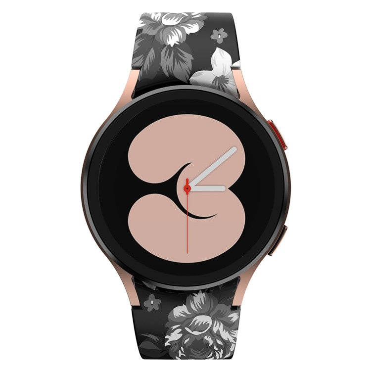 For Samsung Galaxy Watch 5 40mm / 44mm / 5 Pro 45mm Pattern Printed Silicone Watch Strap 20mm Quick Release Watch Band with Buckle - Black Bottom Grey Flower