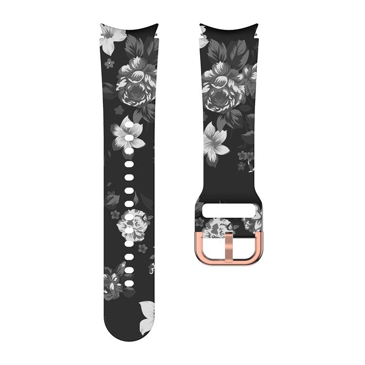 For Samsung Galaxy Watch 5 40mm / 44mm / 5 Pro 45mm Pattern Printed Silicone Watch Strap 20mm Quick Release Watch Band with Buckle - Black Bottom Grey Flower