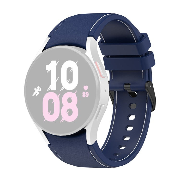 For Samsung Galaxy Watch6 40mm 44mm / Watch6 Classic 43mm 47mm / Watch 5 40mm 44mm / 5 Pro 45mm / Watch4 40mm 44mm Silicone Watch Band Stitching Line Black Buckle Wrist Strap Replacement, Size S - Dark Blue / White