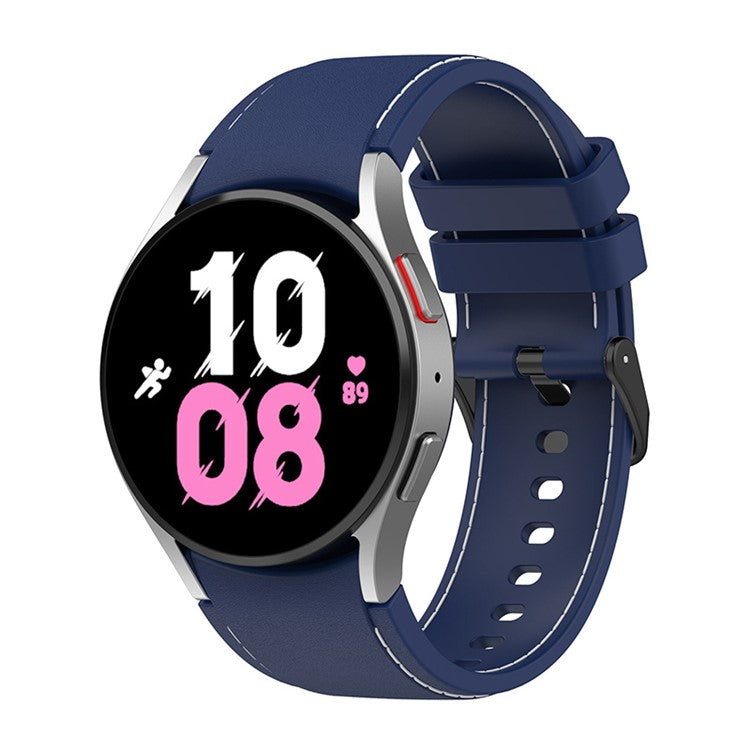 For Samsung Galaxy Watch6 40mm 44mm / Watch6 Classic 43mm 47mm / Watch 5 40mm 44mm / 5 Pro 45mm / Watch4 40mm 44mm Silicone Watch Band Stitching Line Black Buckle Wrist Strap Replacement, Size S - Dark Blue / White