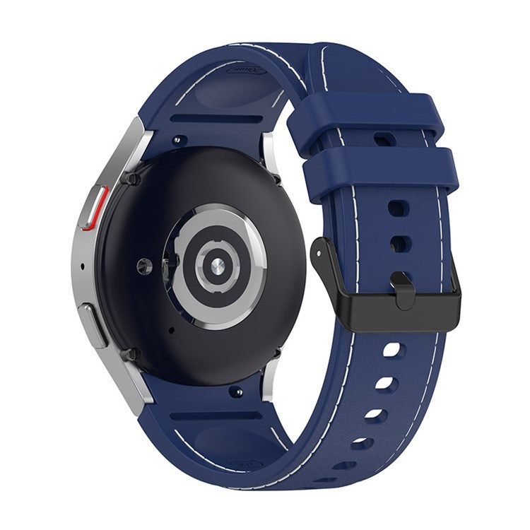 For Samsung Galaxy Watch6 40mm 44mm / Watch6 Classic 43mm 47mm / Watch 5 40mm 44mm / 5 Pro 45mm / Watch4 40mm 44mm Silicone Watch Band Stitching Line Black Buckle Wrist Strap Replacement, Size S - Dark Blue / White