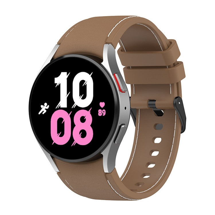 For Samsung Galaxy Watch6 40mm 44mm / Watch6 Classic 43mm 47mm / Watch 5 40mm 44mm / 5 Pro 45mm / Watch4 40mm 44mm Watch Band Silicone Stitching Line Replacement Wrist Strap with Black Buckle, Size L - Brown / White