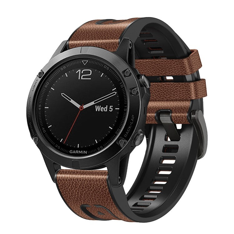 For Garmin Fenix 7X Quick Release Leather Coated Silicone Watch Band Replacement Wrist Strap 26mm - Brown