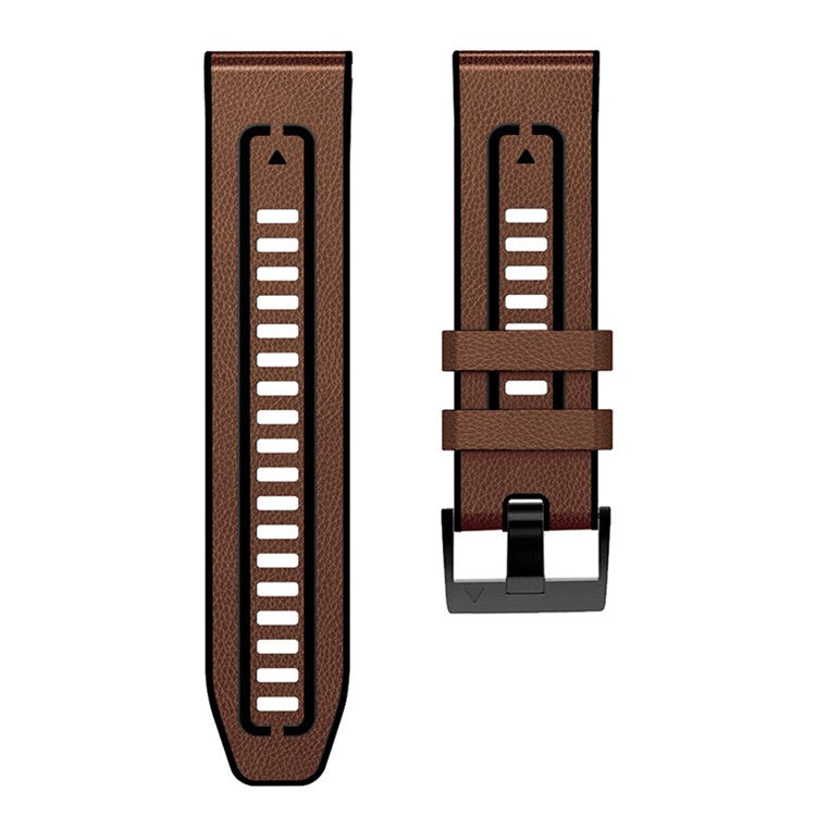 For Garmin Fenix 7X Quick Release Leather Coated Silicone Watch Band Replacement Wrist Strap 26mm - Brown