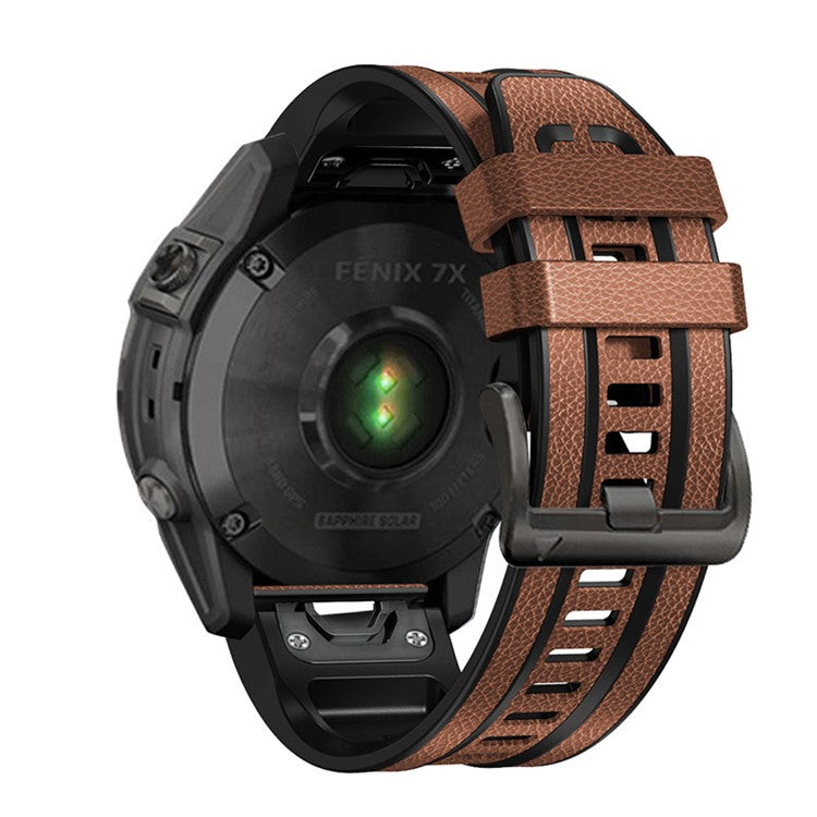 For Garmin Fenix 7X Quick Release Leather Coated Silicone Watch Band Replacement Wrist Strap 26mm - Brown