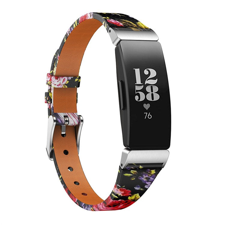 For Fitbit Inspire / Inspire HR / Ace 2 Printed Pattern Watchband Soft Genuine Leather Watch Strap Replacement Bracelet - Black / Pink Roses