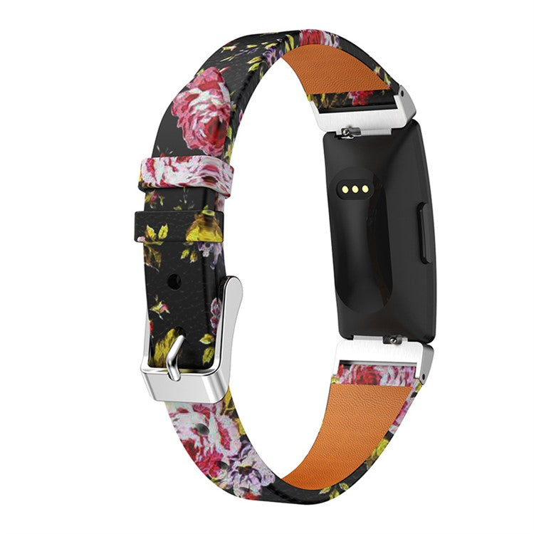 For Fitbit Inspire / Inspire HR / Ace 2 Printed Pattern Watchband Soft Genuine Leather Watch Strap Replacement Bracelet - Black / Pink Roses