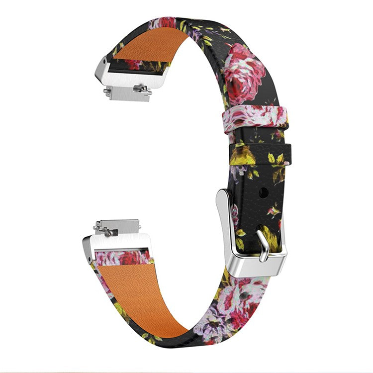 For Fitbit Inspire / Inspire HR / Ace 2 Printed Pattern Watchband Soft Genuine Leather Watch Strap Replacement Bracelet - Black / Pink Roses