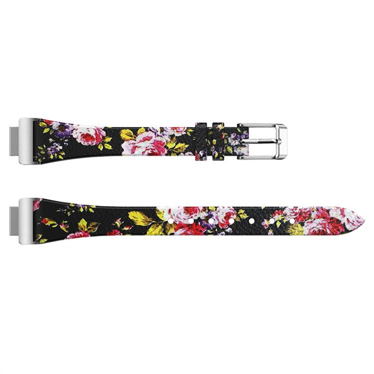 For Fitbit Inspire / Inspire HR / Ace 2 Printed Pattern Watchband Soft Genuine Leather Watch Strap Replacement Bracelet - Black / Pink Roses