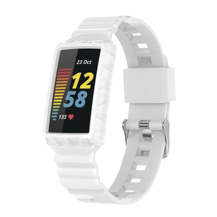 For Fitbit Charge 6 / 5 Silicone Watch Band Adjustable Wrist Strap with Anti-scratch Watch Case - White