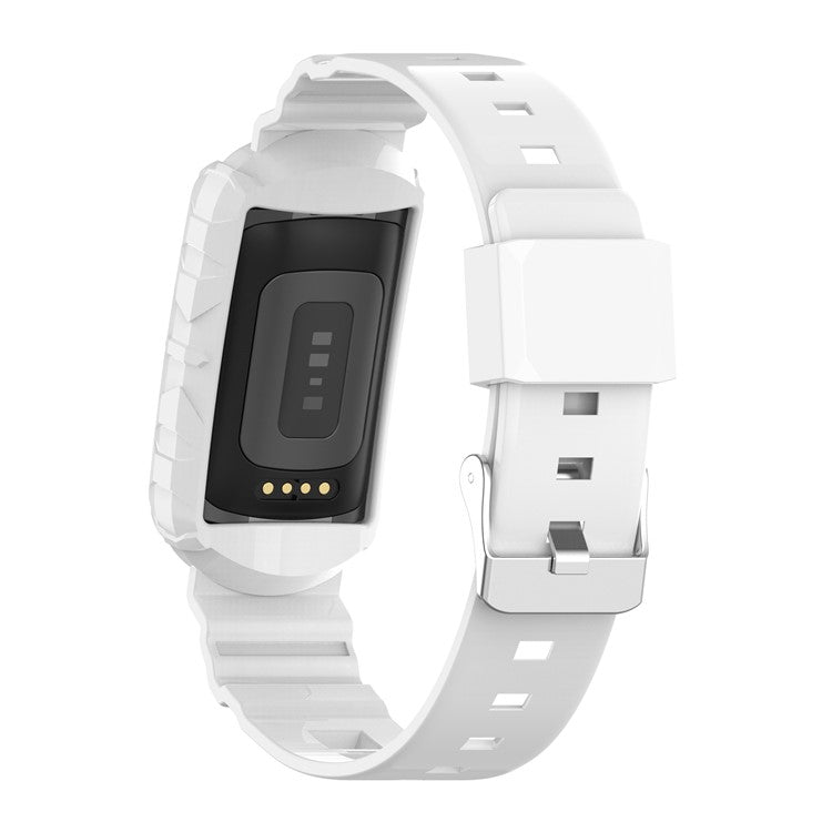 For Fitbit Charge 6 / 5 Silicone Watch Band Adjustable Wrist Strap with Anti-scratch Watch Case - White