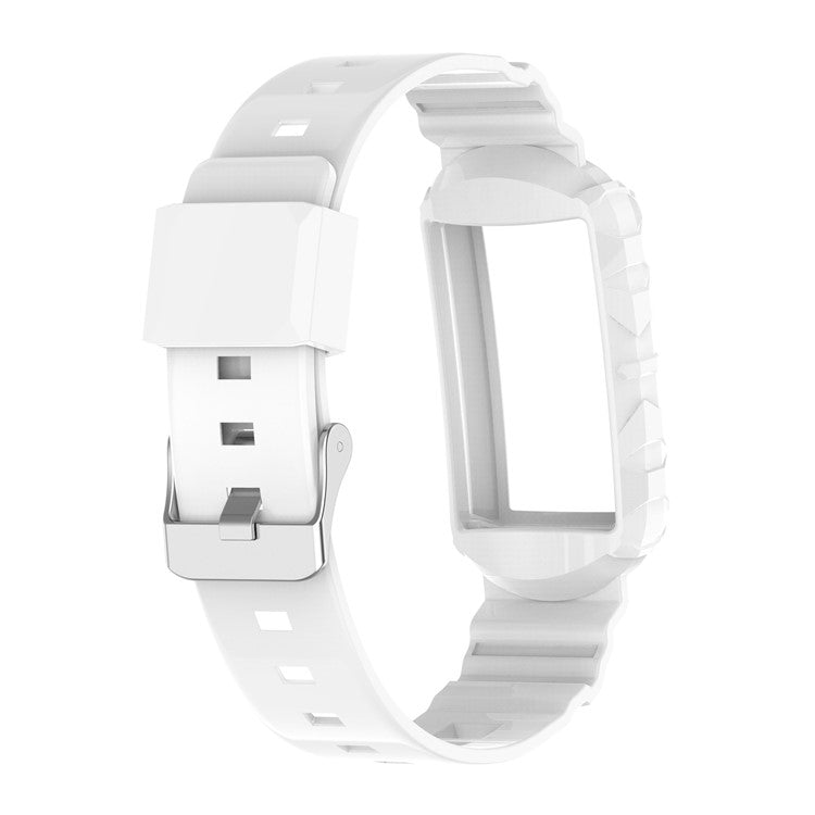 For Fitbit Charge 6 / 5 Silicone Watch Band Adjustable Wrist Strap with Anti-scratch Watch Case - White