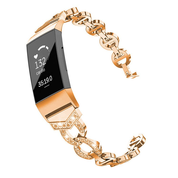 For Fitbit Charge 3 / 4 Stylish Rhinestones Decor Metal Smart Watch Strap Replacement Wrist Band - Rose Gold