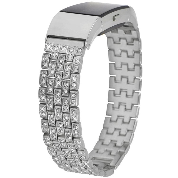 For Fitbit Charge 2 Full Rhinestone Decor Smart Watch Strap Replacement Metal Wrist Band - Silver