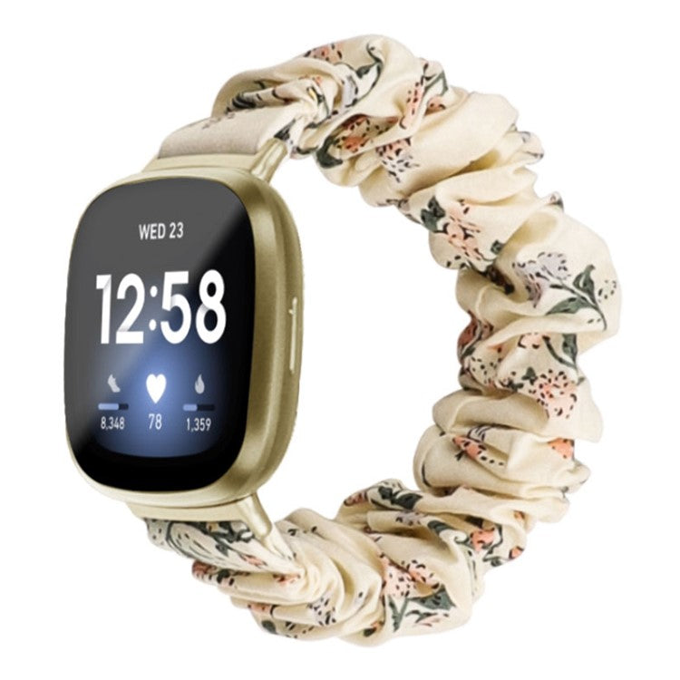 For Fitbit Versa 4 / Sense 2 Elastic Scrunchie Watch Band Fabric Pattern Printed Hair Band Strap Bracelet - Milky White / Honeysuckle