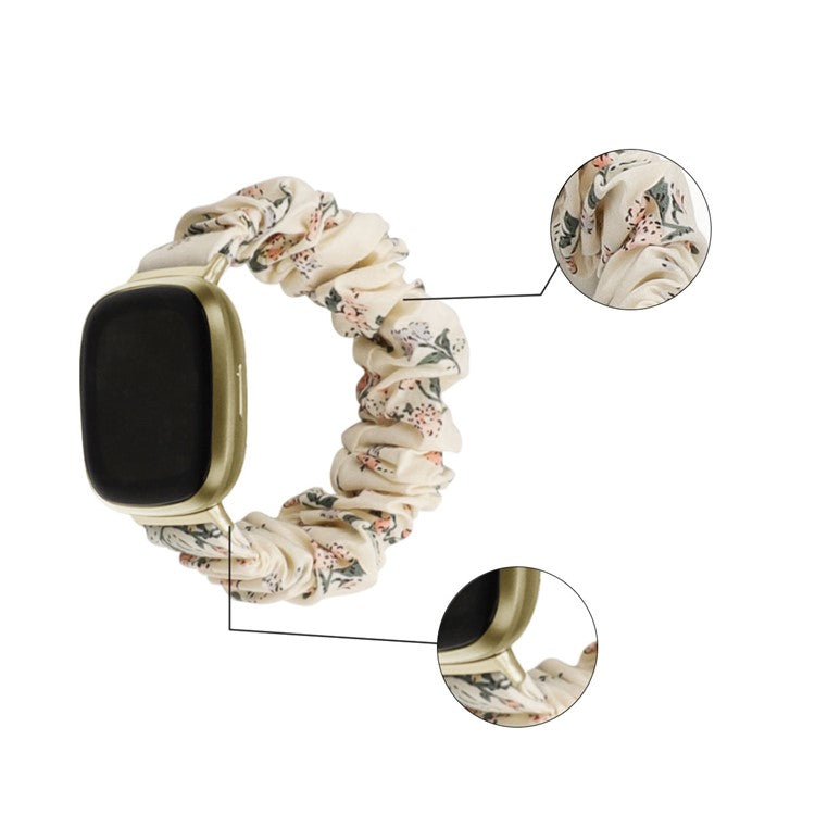 For Fitbit Versa 4 / Sense 2 Elastic Scrunchie Watch Band Fabric Pattern Printed Hair Band Strap Bracelet - Milky White / Honeysuckle