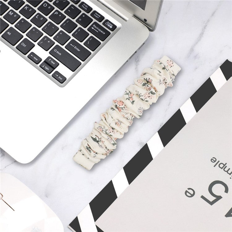 For Fitbit Versa 4 / Sense 2 Elastic Scrunchie Watch Band Fabric Pattern Printed Hair Band Strap Bracelet - Milky White / Honeysuckle
