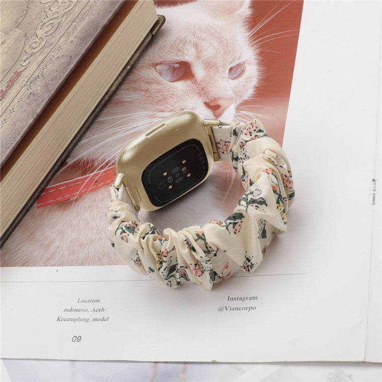 For Fitbit Versa 4 / Sense 2 Elastic Scrunchie Watch Band Fabric Pattern Printed Hair Band Strap Bracelet - Milky White / Honeysuckle