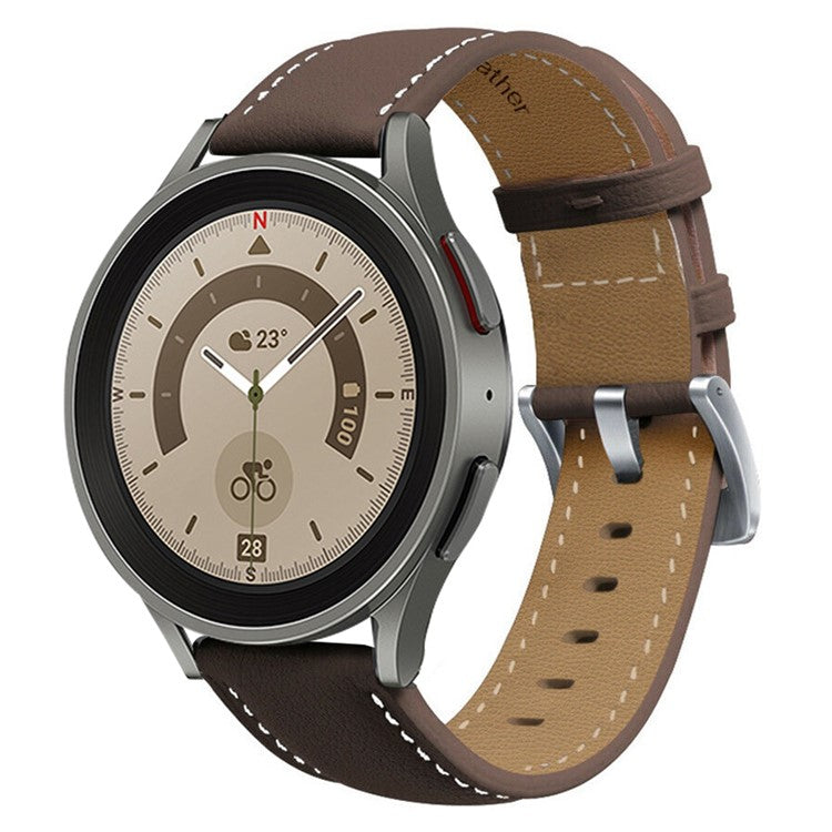 For Samsung Galaxy Watch 5 40mm / 44mm / 5 Pro 45mm Stitching Watch Band Genuine Leather Watch Strap Adjustable Wristband - Coffee / Silver Buckle