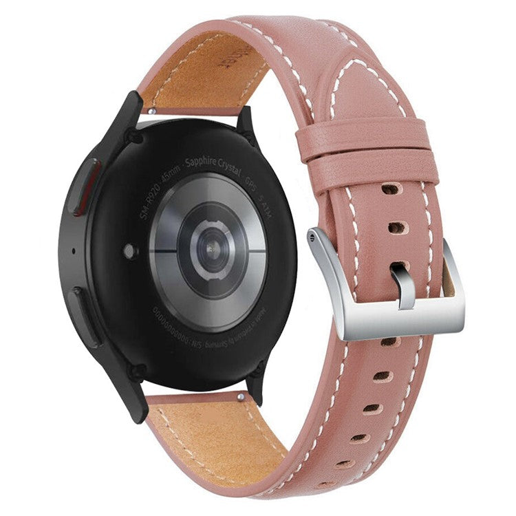 For Samsung Galaxy Watch 5 40mm / 44mm / 5 Pro 45mm Stitching Watch Band Genuine Leather Watch Strap Adjustable Wristband - Dark Pink / Silver Buckle