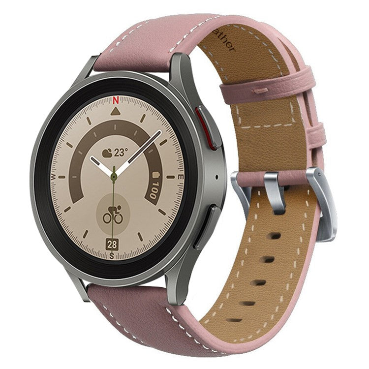 For Samsung Galaxy Watch 5 40mm / 44mm / 5 Pro 45mm Stitching Watch Band Genuine Leather Watch Strap Adjustable Wristband - Dark Pink / Silver Buckle
