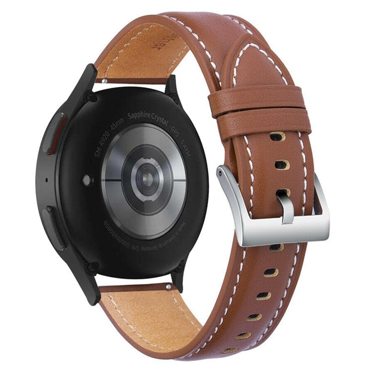 For Samsung Galaxy Watch 5 40mm / 44mm / 5 Pro 45mm Stitching Watch Band Genuine Leather Watch Strap Adjustable Wristband - Brown / Silver Buckle