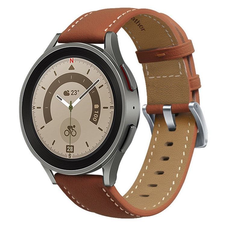 For Samsung Galaxy Watch 5 40mm / 44mm / 5 Pro 45mm Stitching Watch Band Genuine Leather Watch Strap Adjustable Wristband - Brown / Silver Buckle