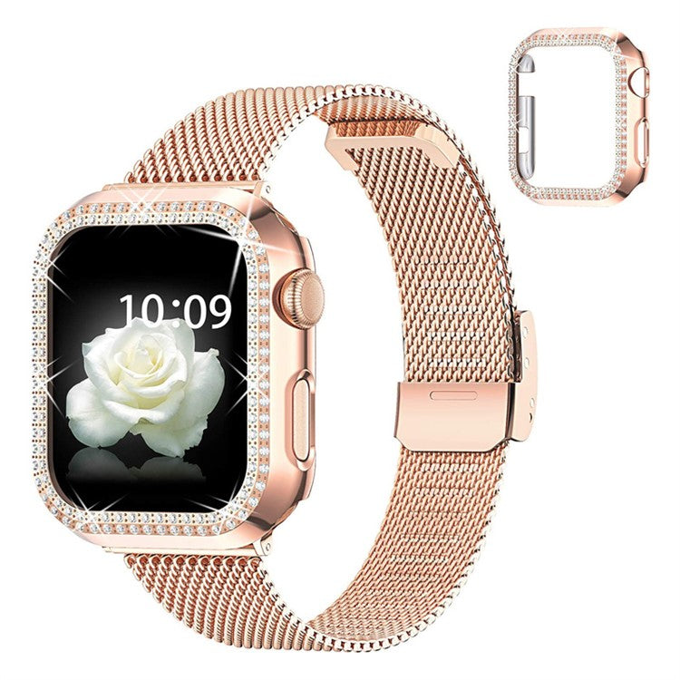 For Apple Watch 4 / 5 / 6 / SE / SE(2022) 40mm Quick Release Watch Strap Metal Milanese Watch Band Replacement Watchband + PC Watch Case with Dual Row Rhinestone Decoration - Rose Gold