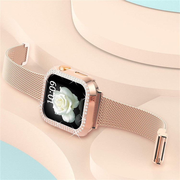 For Apple Watch 4 / 5 / 6 / SE / SE(2022) 40mm Quick Release Watch Strap Metal Milanese Watch Band Replacement Watchband + PC Watch Case with Dual Row Rhinestone Decoration - Rose Gold