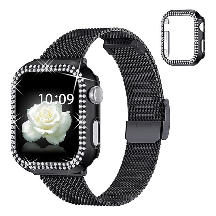 For Apple Watch Series 8 45mm / 7 45mm Smart Watch Band T-shape Buckle Milanese Metal Strap with Dual Row Rhinestone PC Watch Case - Black